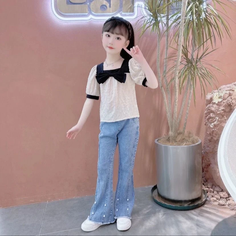 夏装2025新款蝴蝶结洋气时髦套装T恤夏季短袖时尚牛仔女童喇叭裤