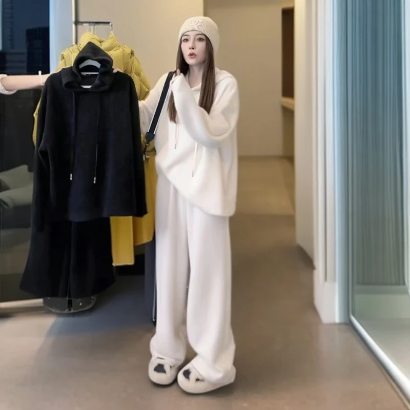 【不起球】显瘦气质仿貂绒休闲连帽宽松上衣+阔腿裤时尚套装两件套