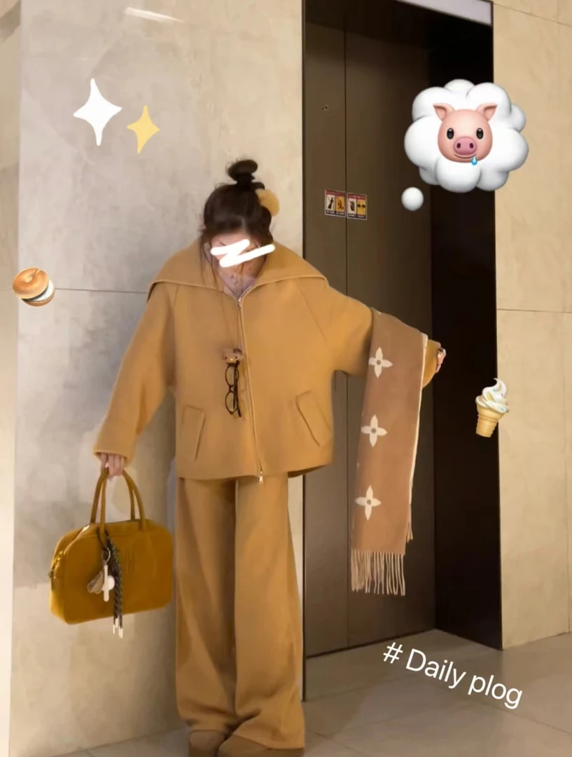 春季韩版加大海军领慵懒风针织双拉链开衫阔腿裤一整套穿搭气质