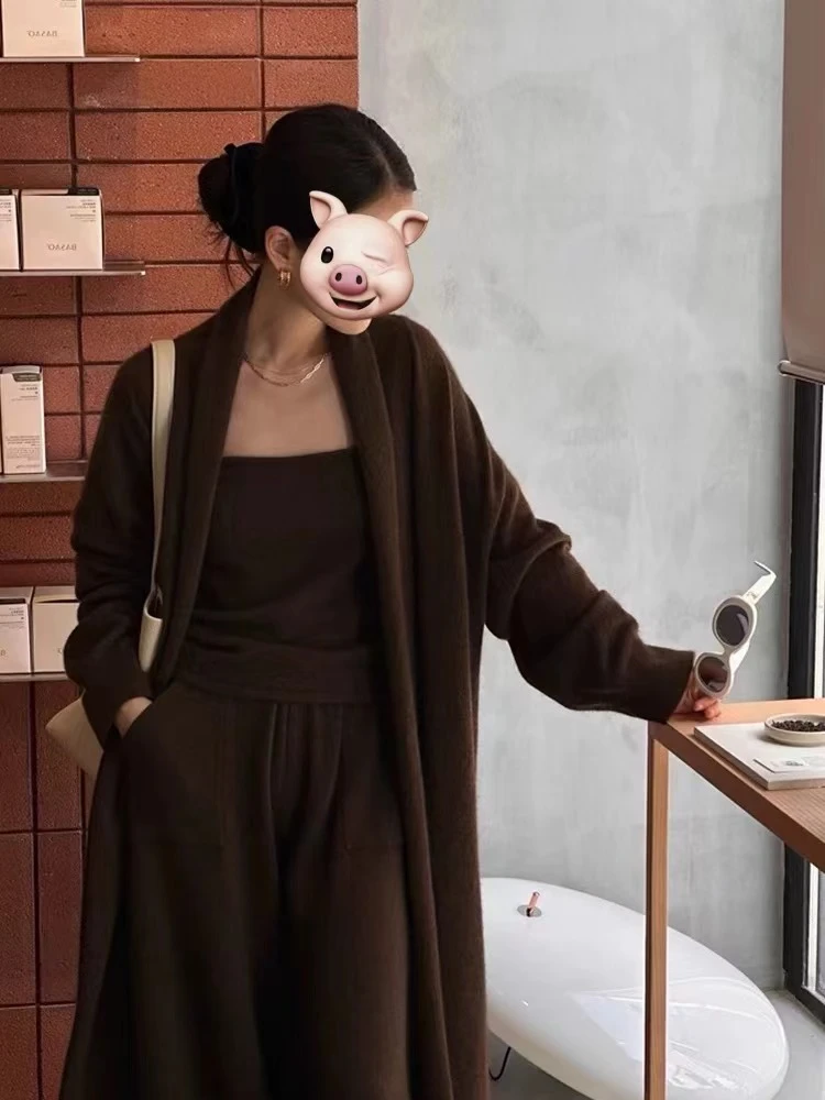老钱风设计开衫+吊带+阔腿裤三件套纯色高级显瘦毛衣针织秋季新款