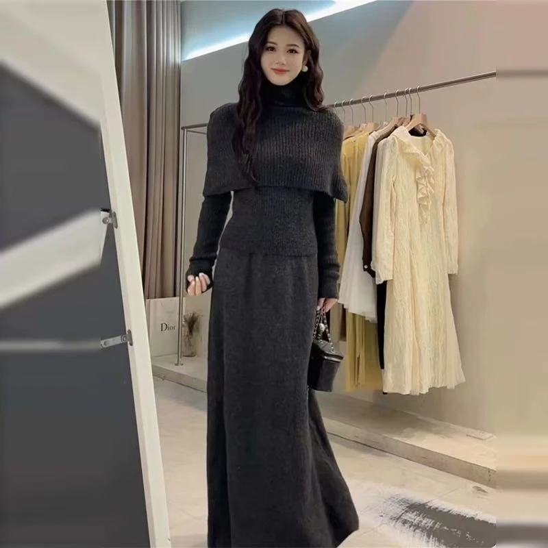 法式高领斗篷+长袖针织+半身裙长裙套装裙气质显瘦内搭打底三件套