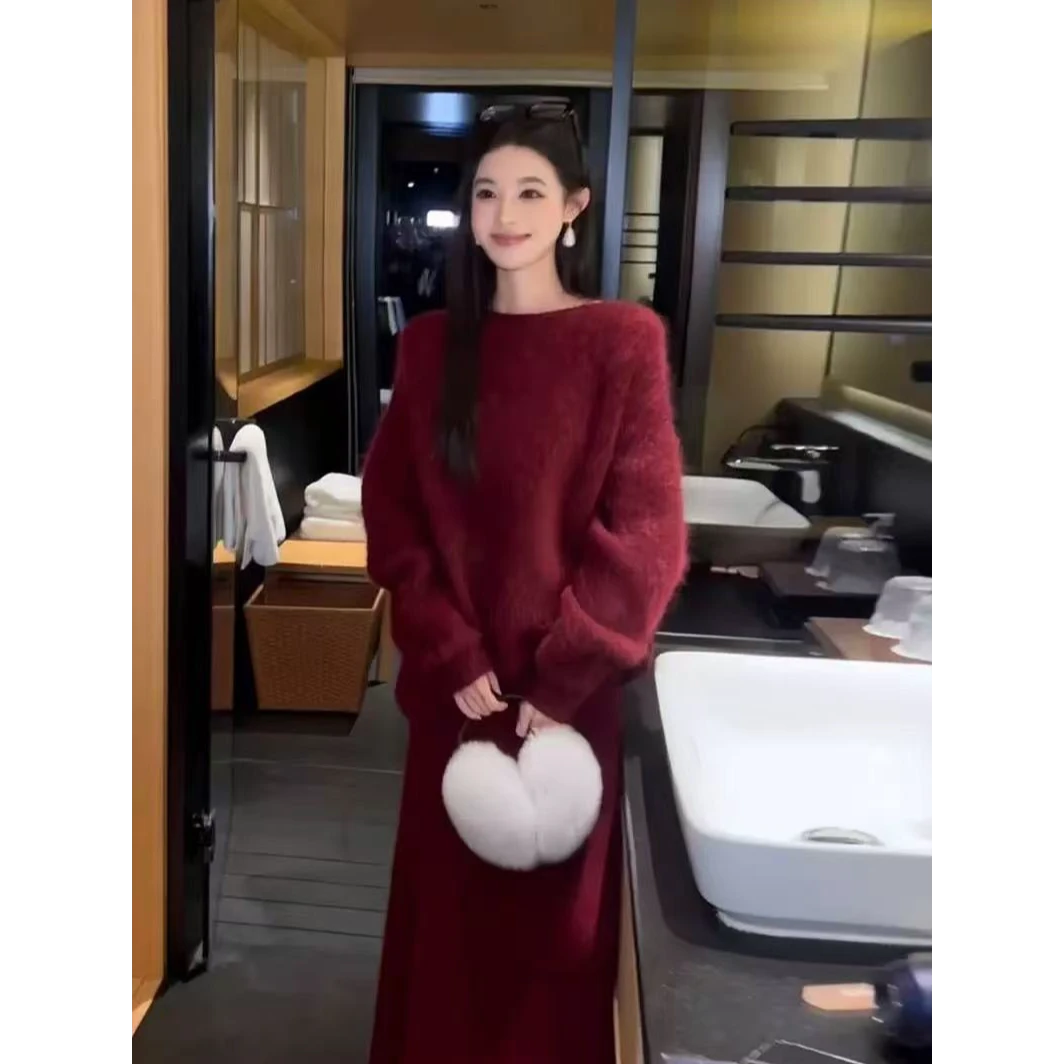 秋冬季富家千金女神范气质高级感圣诞新年红针织毛衣裙套装两件套