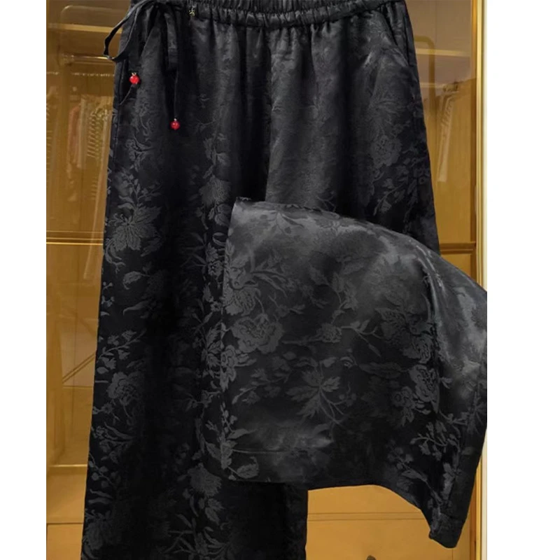 【设计师款】国风提花休闲裤新中式醋酸系带松紧腰垂感女时尚潮流