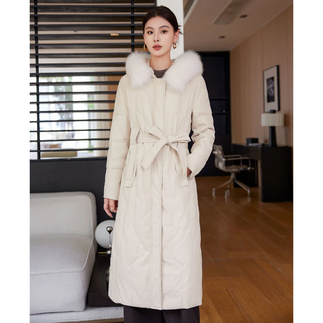 海宁绵羊皮羽绒服真狐狸毛大毛领连帽过膝女式妈妈外套过年XH8377