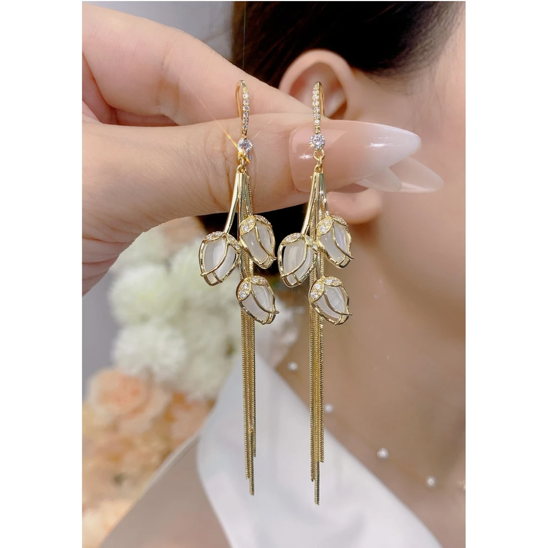 铜合金耳饰 三朵郁金香流苏耳环011号气质轻奢时尚百搭长款设计感