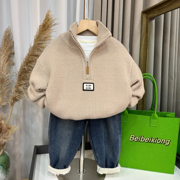 秋冬新款儿童拉链翻领针织毛衣加厚洋气韩版百搭休闲男童女童宝宝