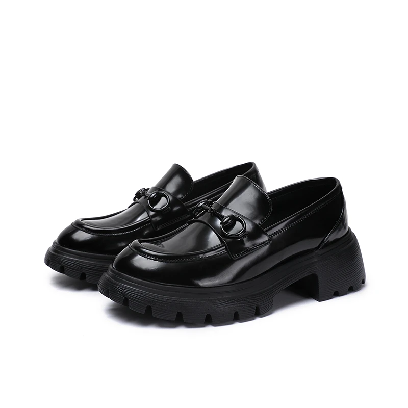 全真皮圆头乐福鞋皮鞋时尚百搭英伦风黑色厚底乐福鞋休闲女鞋增高