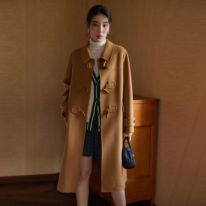独束微胖大码女装高级感气质宽松双面呢牛角扣绵羊毛大衣22DY4189