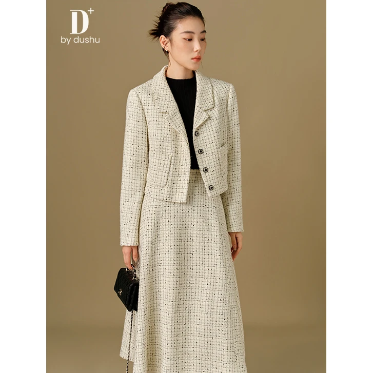 独束微胖M大码女装【D+系列】复古法式小香风格纹时尚套装24DH84065