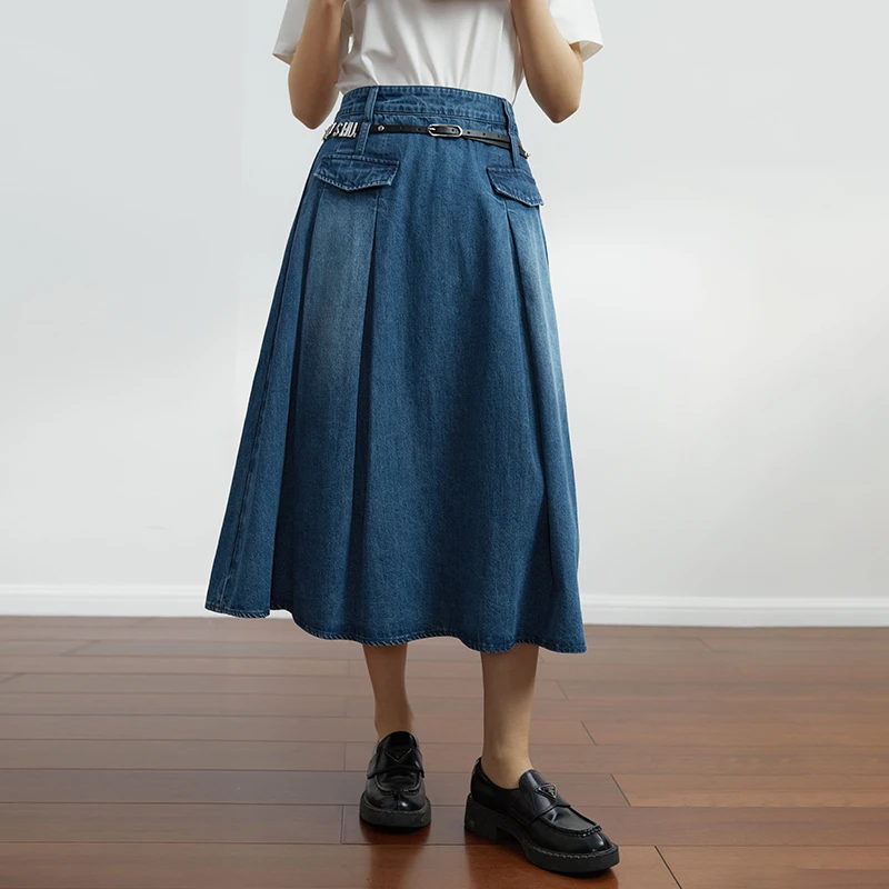 独束微胖MM大码女装复古压褶牛仔半身裙原色显瘦裙子23DS83027