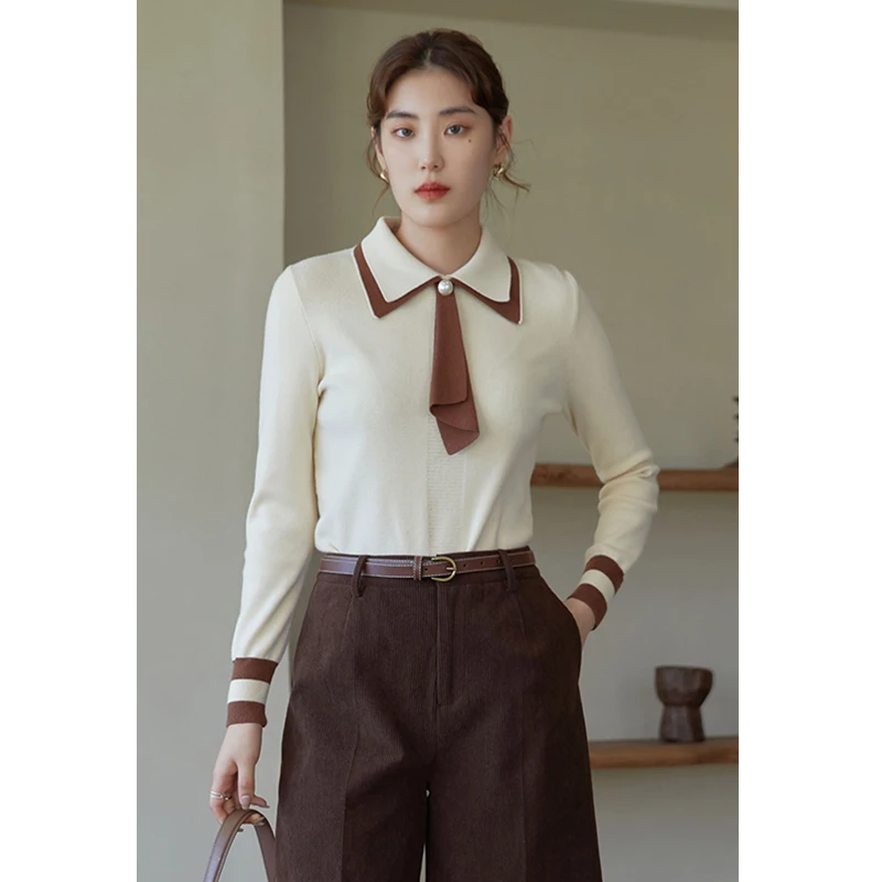 独束大码减龄撞色双层领针织衫女秋冬复古显瘦打底衫21DY4388