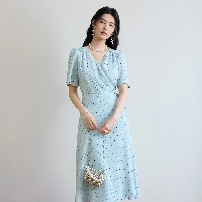 独束微胖大码女装气质感通勤法式V领复古波点连衣裙24DS82539蓝色