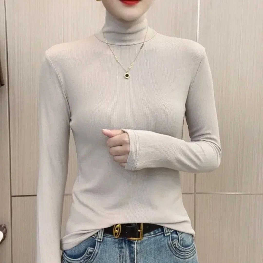 女士秋冬法式螺纹高领打底衫女堆堆领内搭洋气百搭休闲长袖233