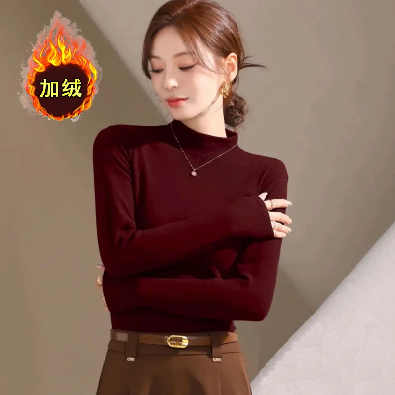 秋冬保暖双面澳绒小立领显瘦长袖纯色基础款打底衫内搭T上衣新款