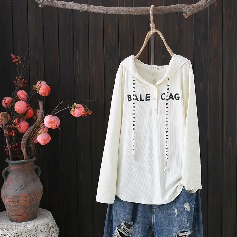 韩版大码女装时尚百搭连帽显瘦字母文艺印花长袖连帽T恤打底衫