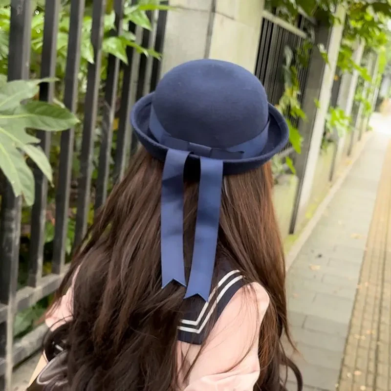 日本校供感手作jk帽子夏制服百搭小圆帽可爱礼帽蝴蝶结飘带军帽子