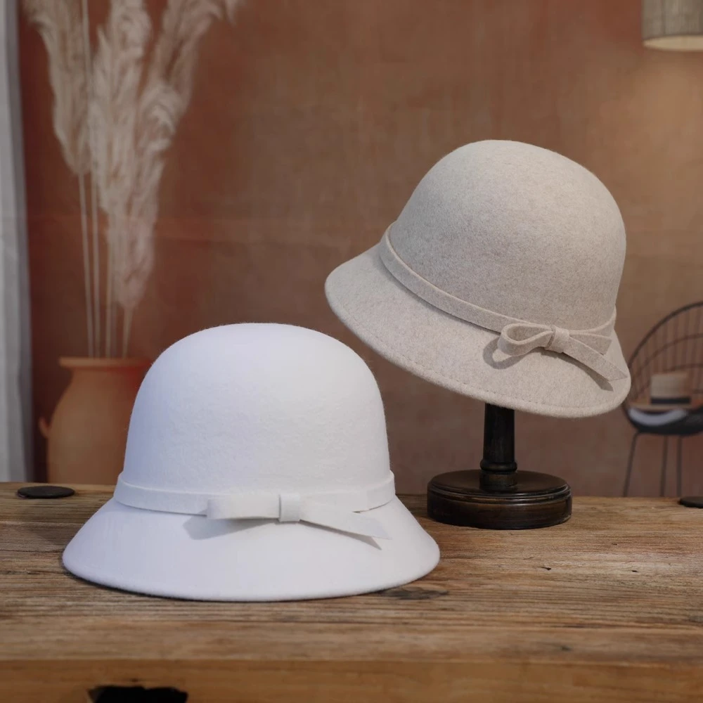 秋冬白色毛呢渔夫帽显脸小毛盆帽女复古法式赫本风蝴蝶结礼帽优雅