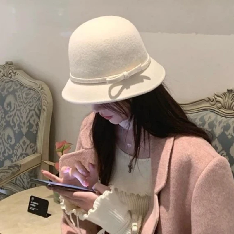韩版百搭优雅圆顶小礼帽秋冬白色渔夫帽英伦复古蝴蝶结飘带帽子
