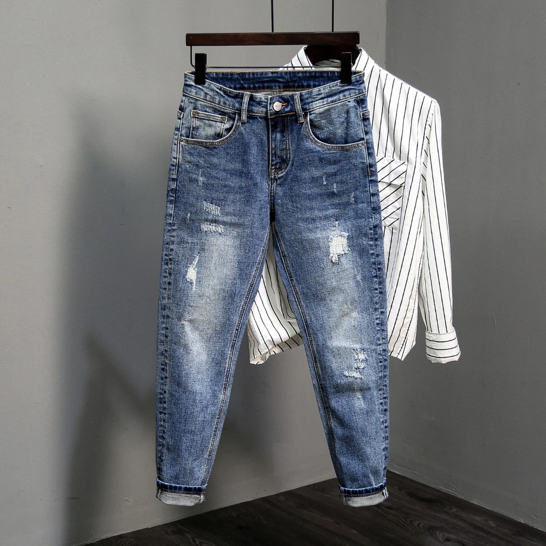 裤子男士美式休闲潮牌夏季薄款牛仔裤2025春秋季新款微跨破洞长裤