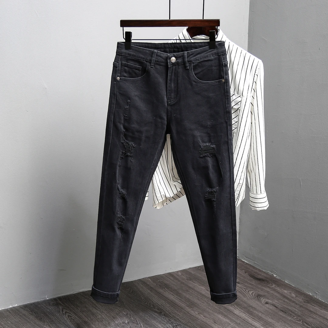 美式牛仔裤男2024春秋季新款修身小脚破洞贴布乞丐百搭高街长裤子