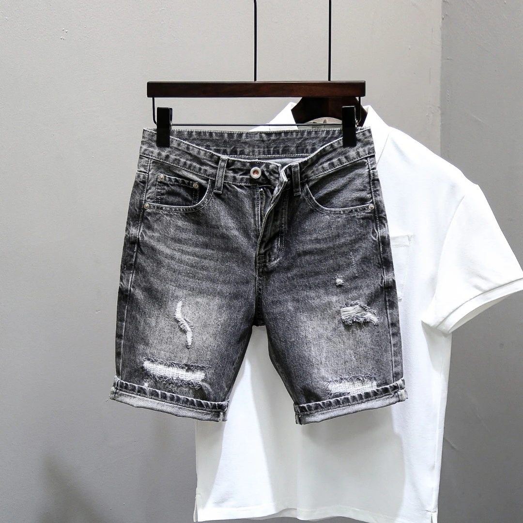 牛仔短裤男夏季新款韩版潮流修身小直筒破洞复古水洗百搭五分裤子