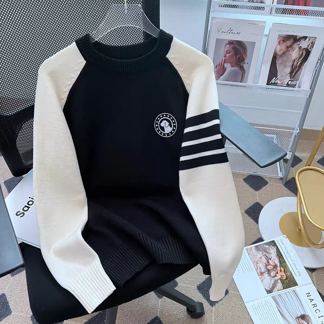 tb学院风宽松撞色四道杠卡通小狗图案套头针织衫休闲毛衣女24秋冬