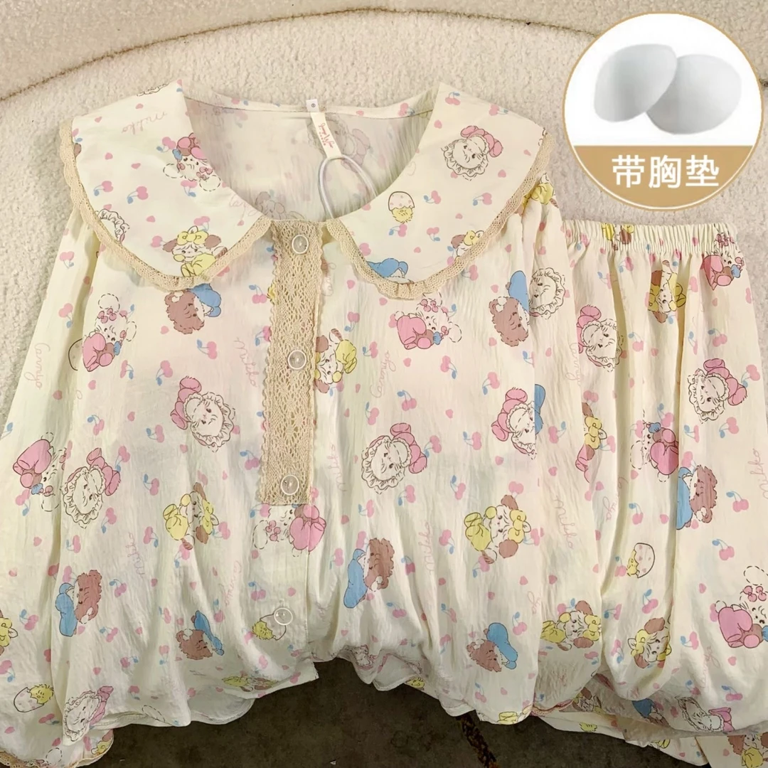 自带胸垫睡衣女春秋季娃娃领长袖开衫卡通休闲小清新家居服套装
