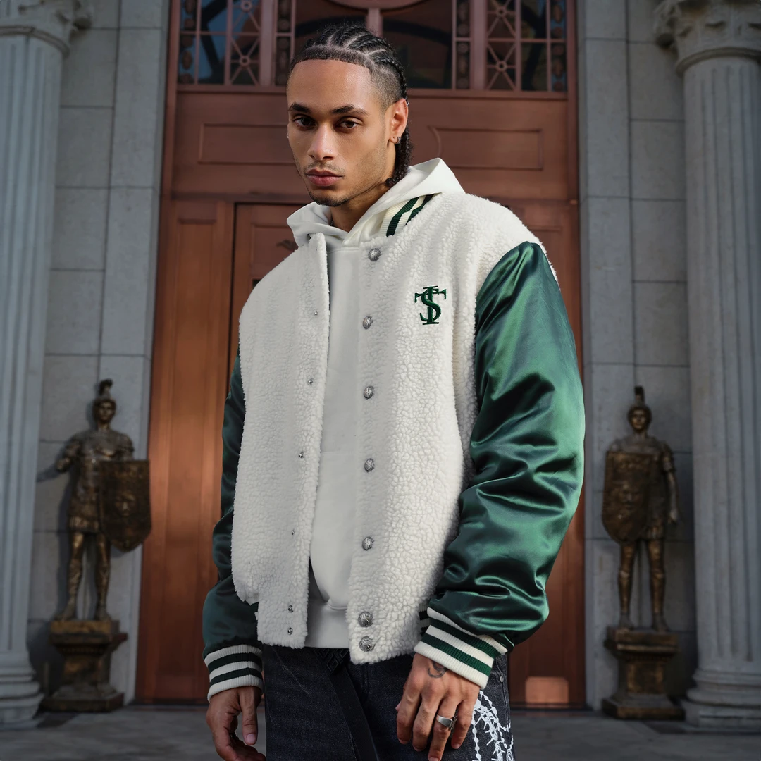 STK SmallTownKid 毛绒拼接棒球夹克外套 美式复古街头国潮牌