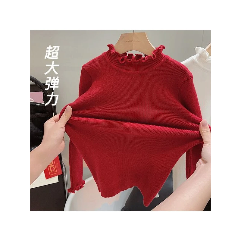 韩国女童装波边领长袖毛衣2024秋冬新款洋气加厚半高领毛针织衫潮
