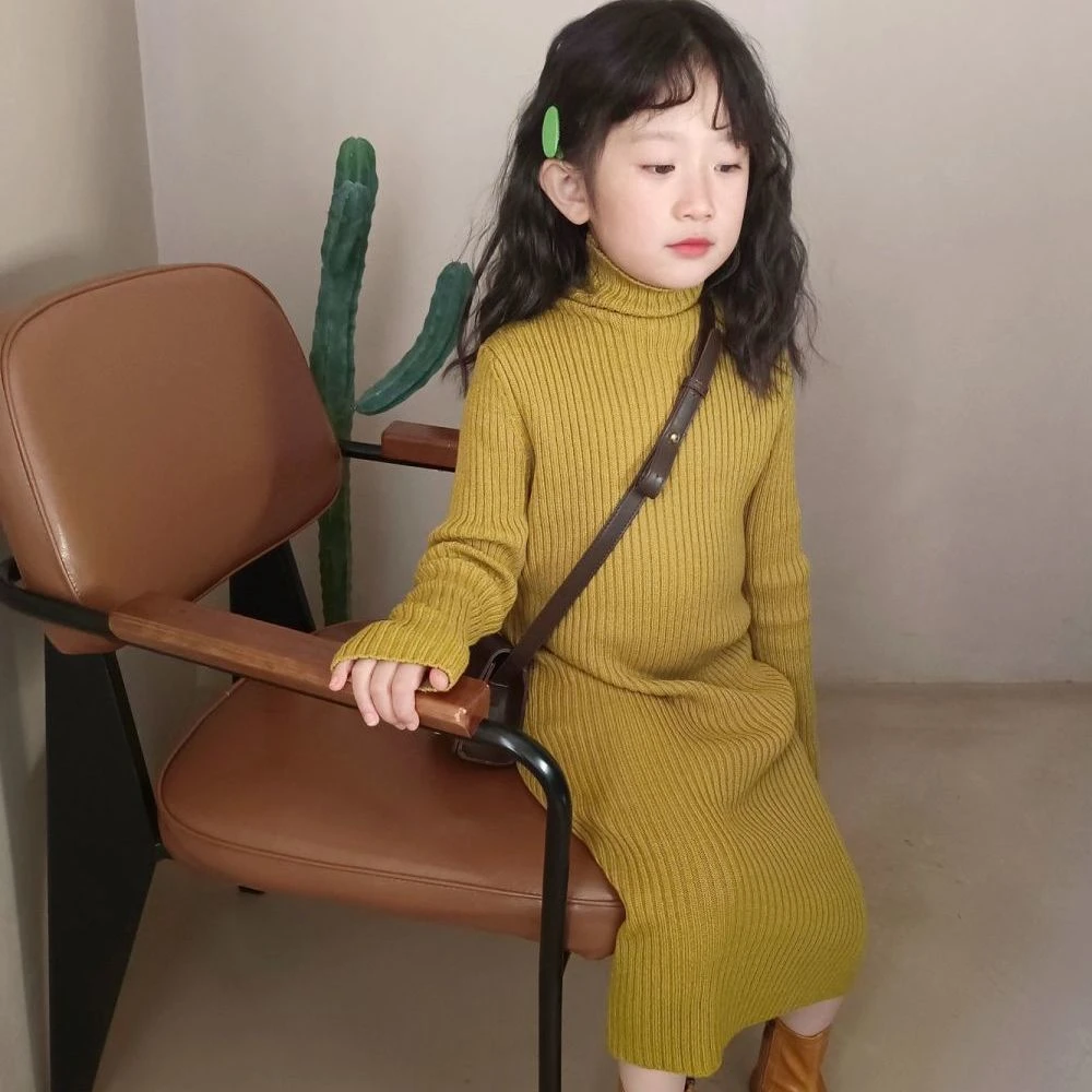 儿童2025秋冬季韩版新款女童针织高领毛衣中长款打底连衣裙套头