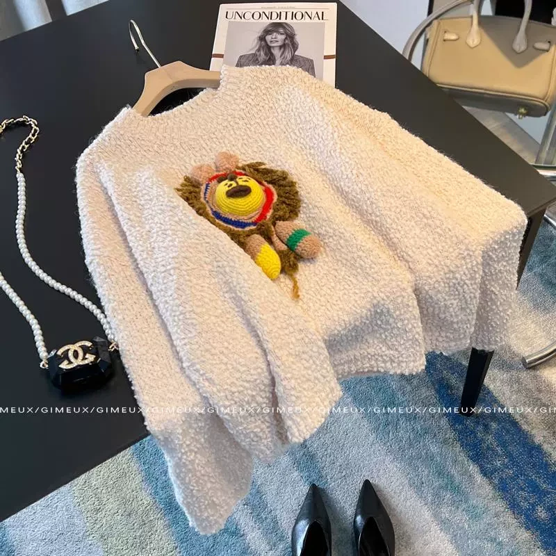 超好看百搭针织毛衣女2024秋冬新慵懒风手勾狮子小众设计宽松衬衫