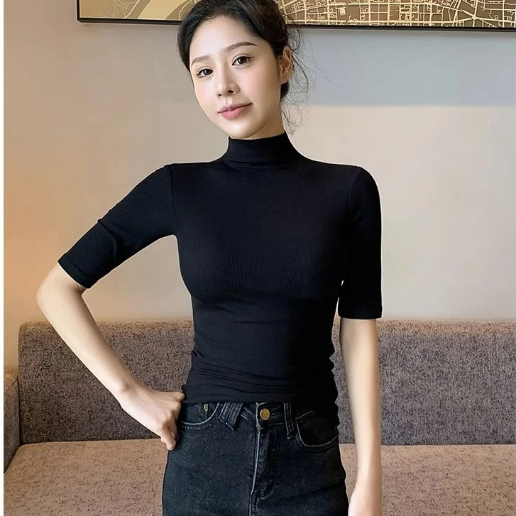 螺纹班高领中袖修身显瘦气质女春秋五分袖打底衫t恤正肩外穿上衣