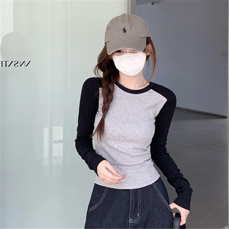 JS圆领修身长袖上衣女春秋季简约小众别致内搭T恤插肩袖打底衫A7