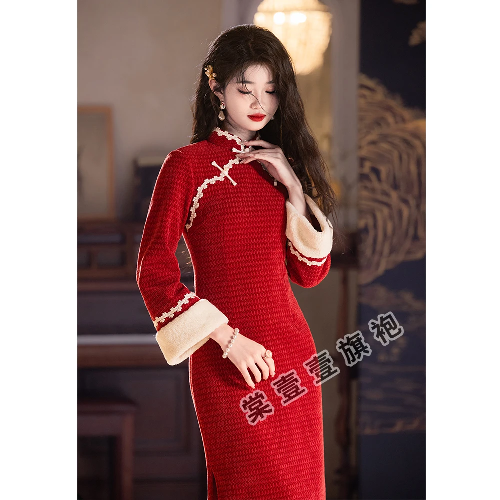 红色旗袍新中式冬季加厚日常改良连衣裙中国风套装高端轻奢高级感