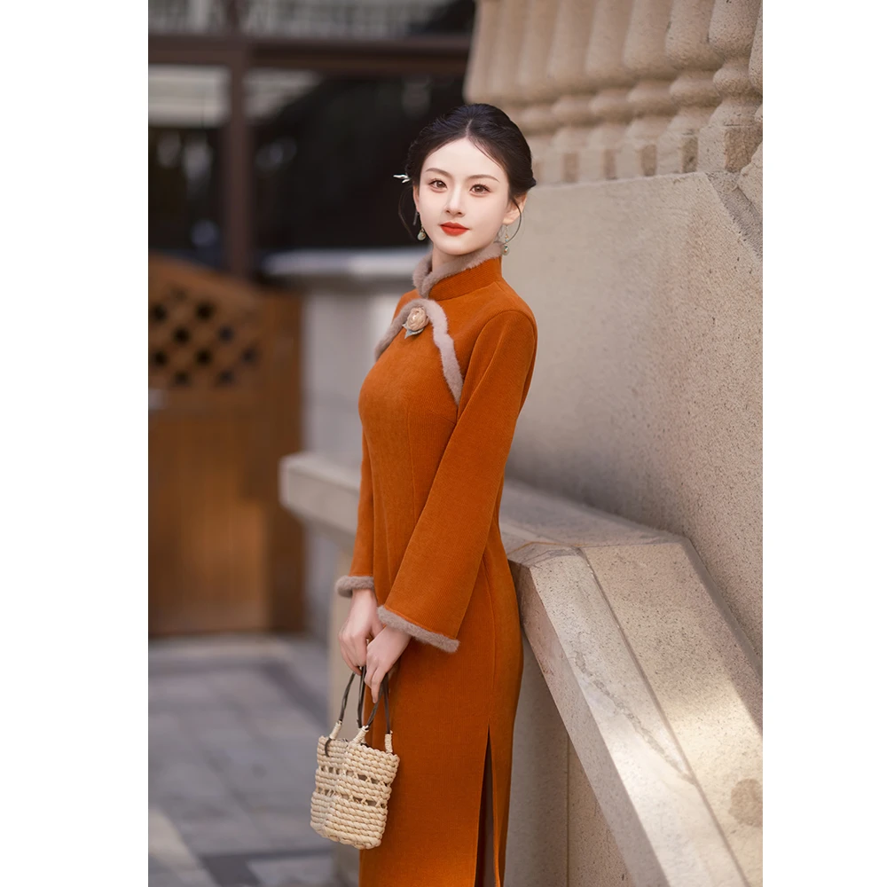 新中式旗袍秋冬季加厚中式美学中国风日常改良连衣裙高端气质显瘦