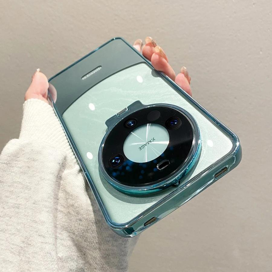 适用华为mate60pro手机壳新款电镀透明mate60镜头翻盖支架mate60