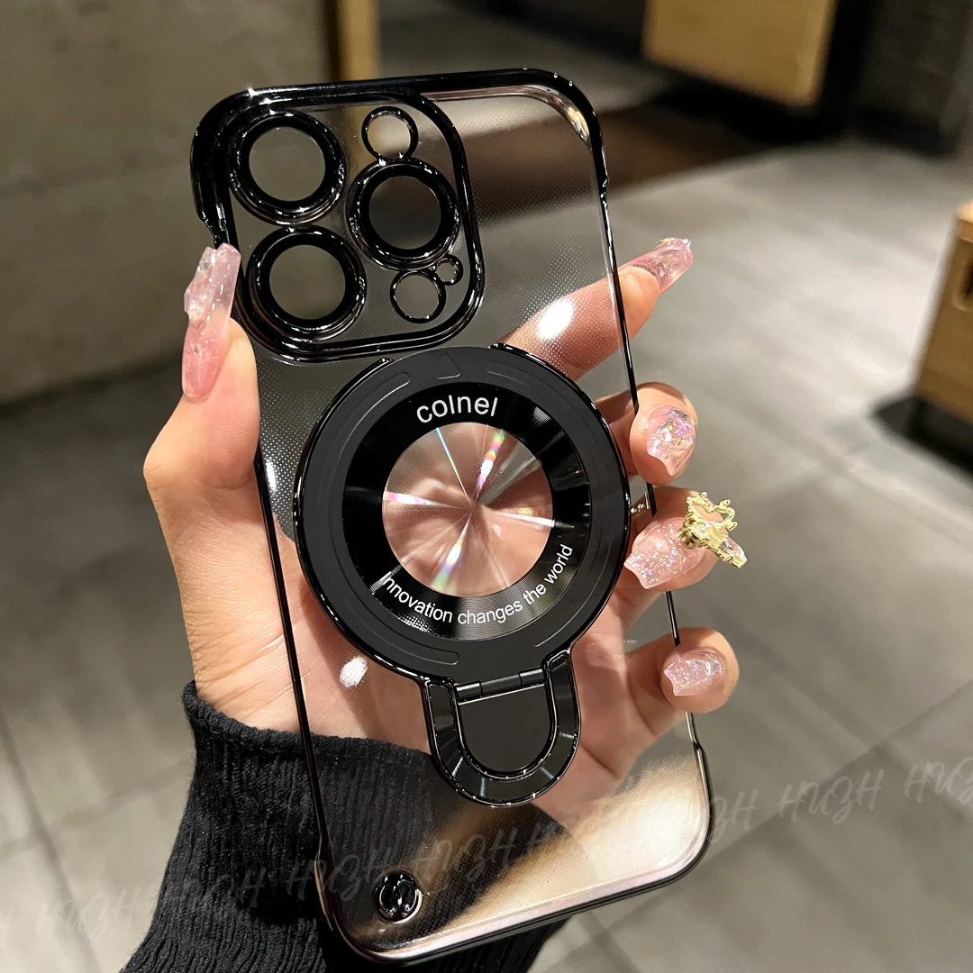 高透苹果15promax手机壳带镜头膜电镀边框iPhone13磁吸支架透明12