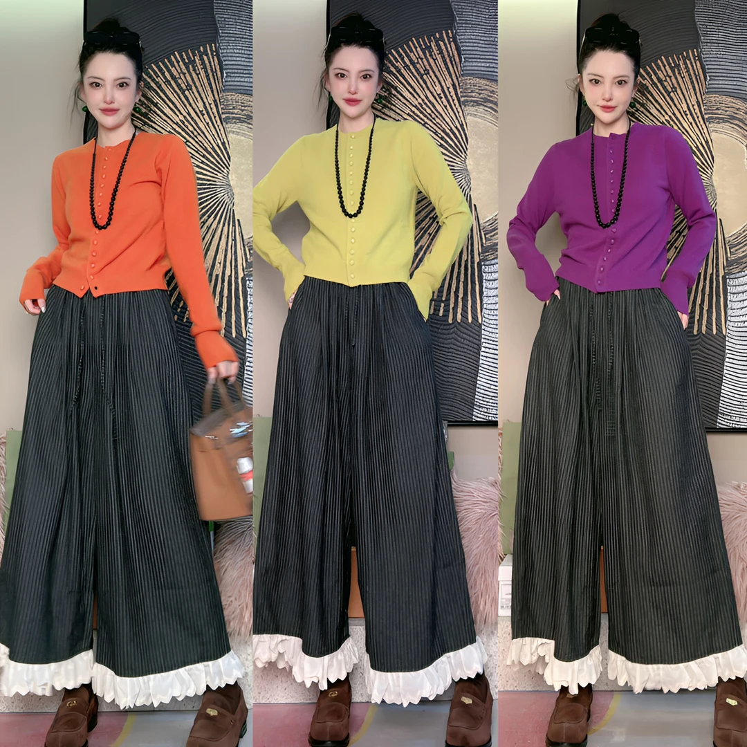 辰曦同款【格调】订制款竖条纹松紧腰显瘦 阔腿裤