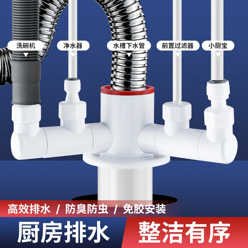 升级厨房下水管三通多功能接头净水器洗碗机小厨宝过滤器排水节省