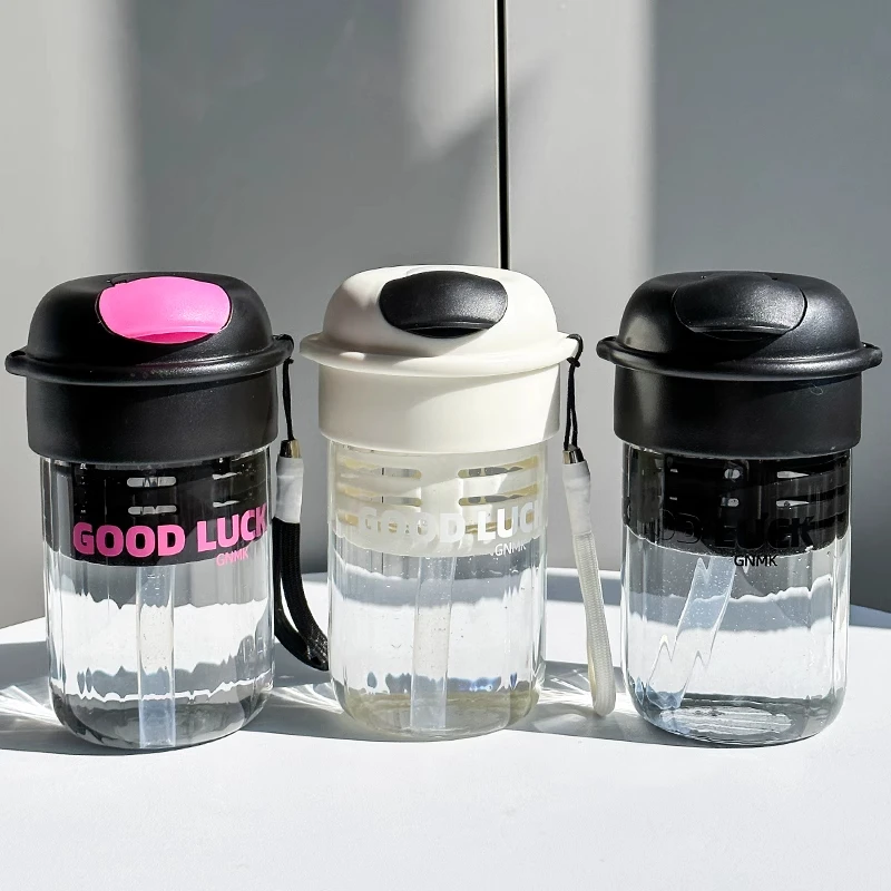 水杯女新款2025网红款带吸管玻璃杯上课便携带刻度杯子女生高颜值