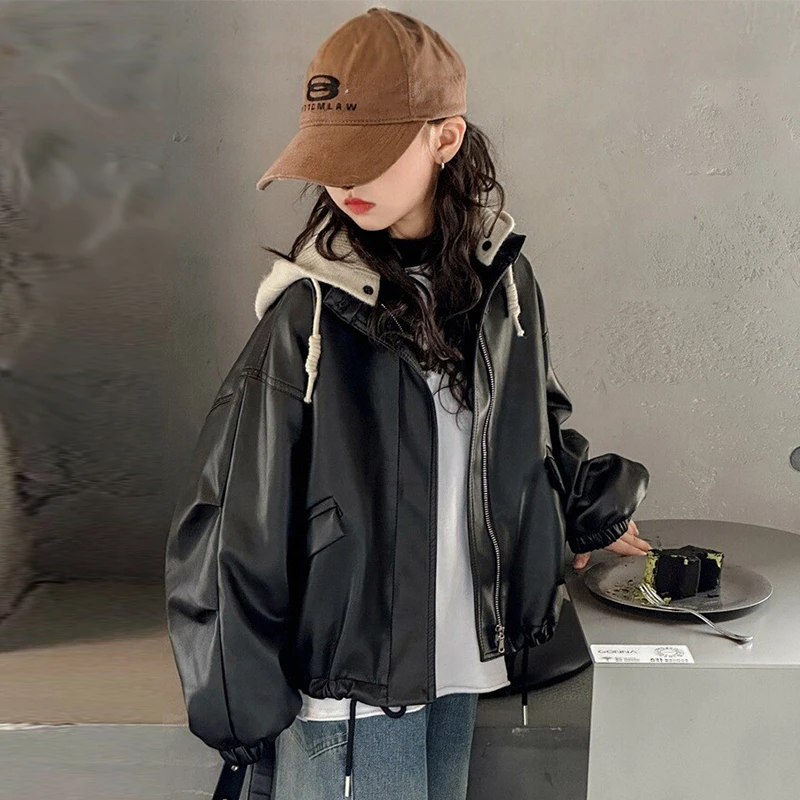 女童皮衣秋冬款2025新款儿童洋气机车外套大童女孩韩系连帽皮夹克