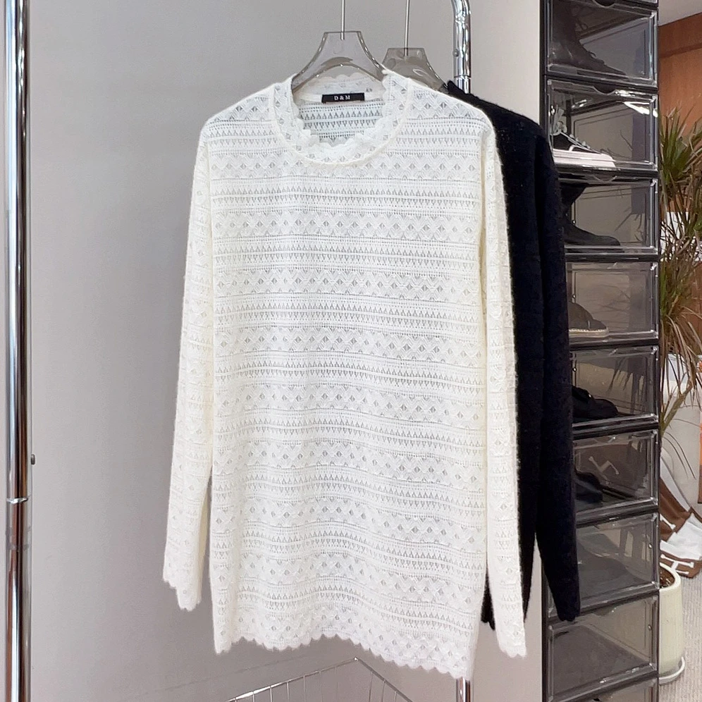 必魅-2025秋冬新款镂空提花设计感蕾丝衫长袖T恤5966显瘦遮肉上衣