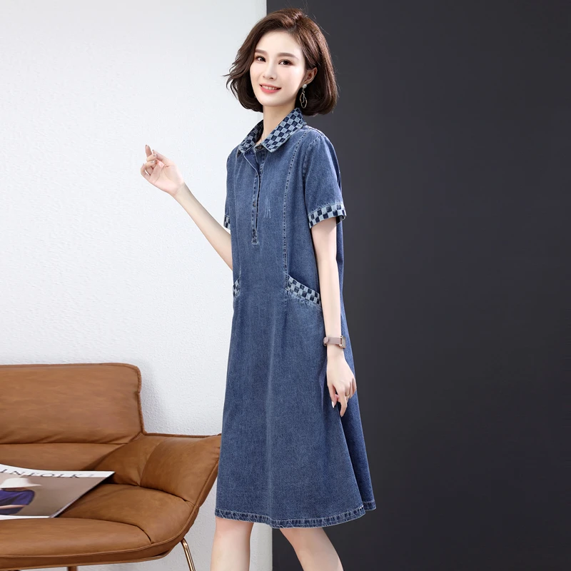 2023新款爆款休闲大码微胖高贵上档次高端女装A字法式牛仔连衣裙