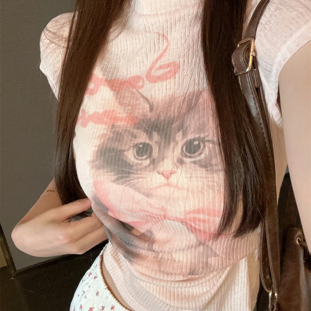 甜辣妹小猫咪印花针织短袖女T恤夏季设计感修身显瘦粉色正肩上衣
