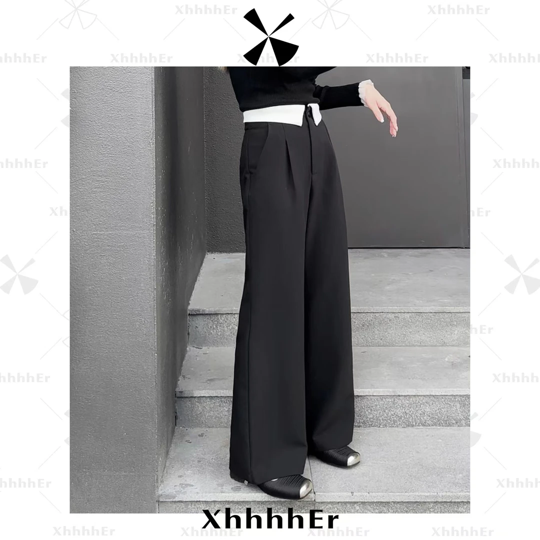 辛儿/小个子“白边神裤”秋冬直筒黑色时尚翻腰窄版西装裤XK1210