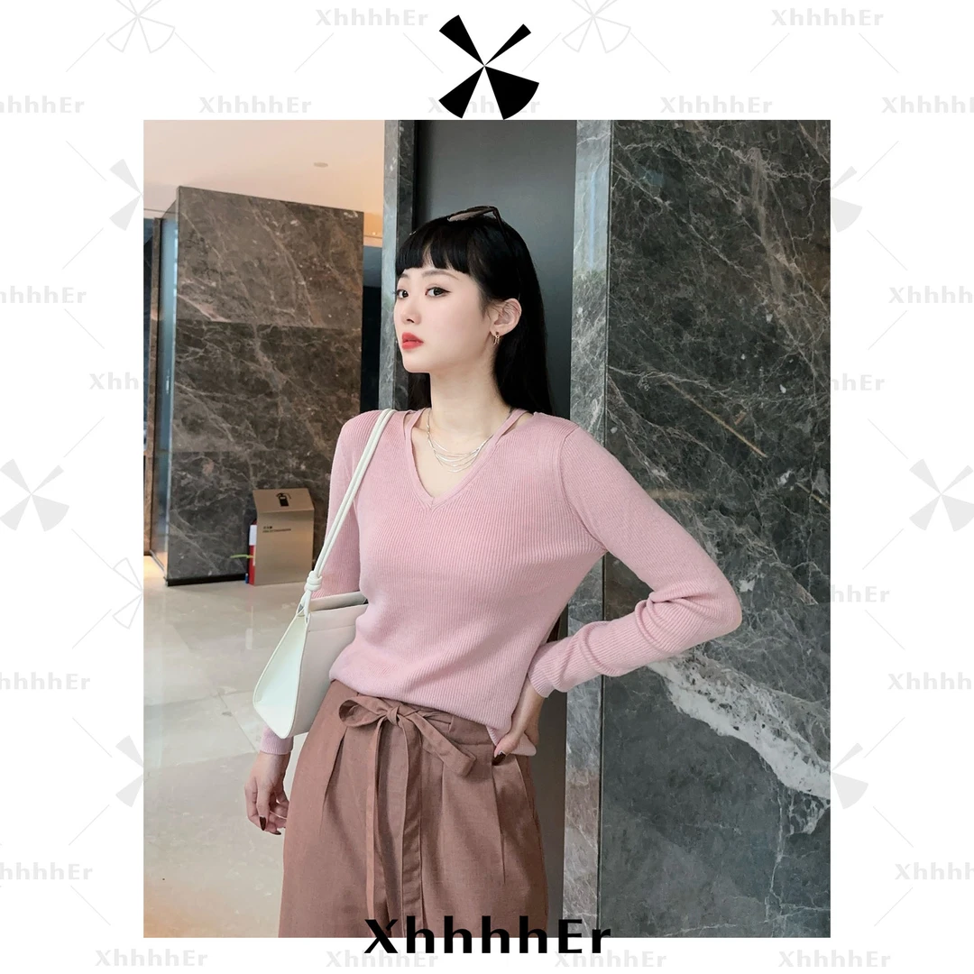 辛儿/小个子秋冬羊毛设计感纯色上衣镂空肩带V领针织衫XY1322