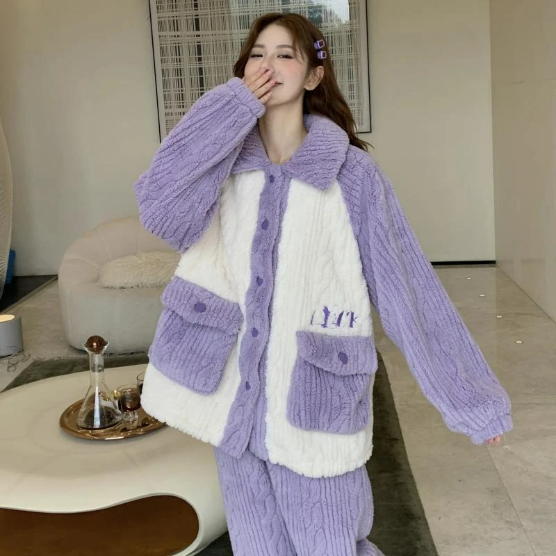 【冬季加厚加绒】5-15度月子服秋冬季提花珊瑚绒孕妇哺乳睡衣家居服