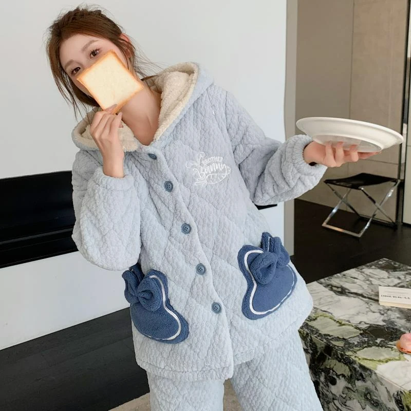【5度-零下10度】冬季夹棉三层加绒加厚加大码孕妇喂奶哺乳孕妇睡衣