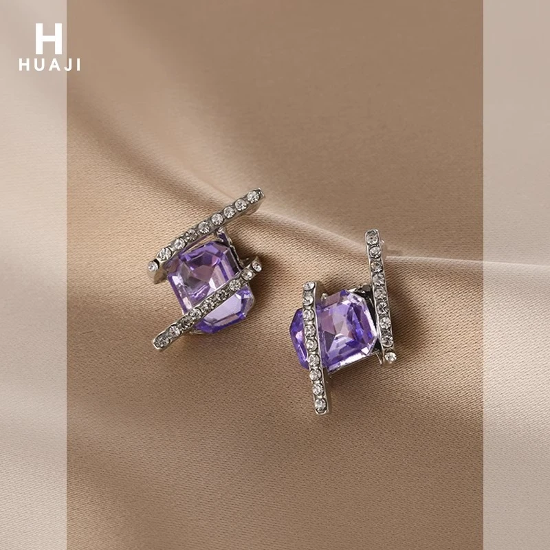 铜合金合成锆石耳饰 紫色方糖耳钉女高级感精致耳环2024年新款潮