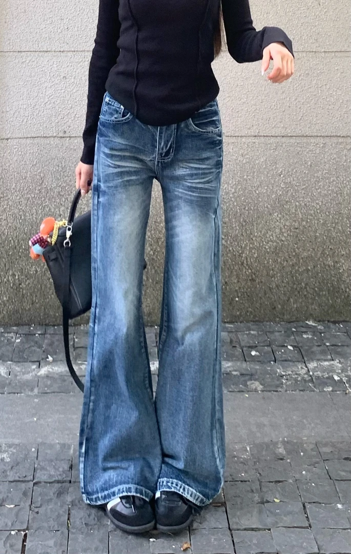 肚子8019手缝压皱美式复古水洗低腰牛仔裤宽松牛仔拖地裤显瘦